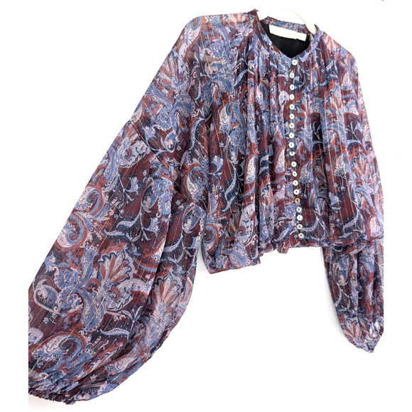 Bishop + Young Paisley Button Up Balloon Sleeve Sheer Bubble Hem Blouse Small - Picture 2 of 9